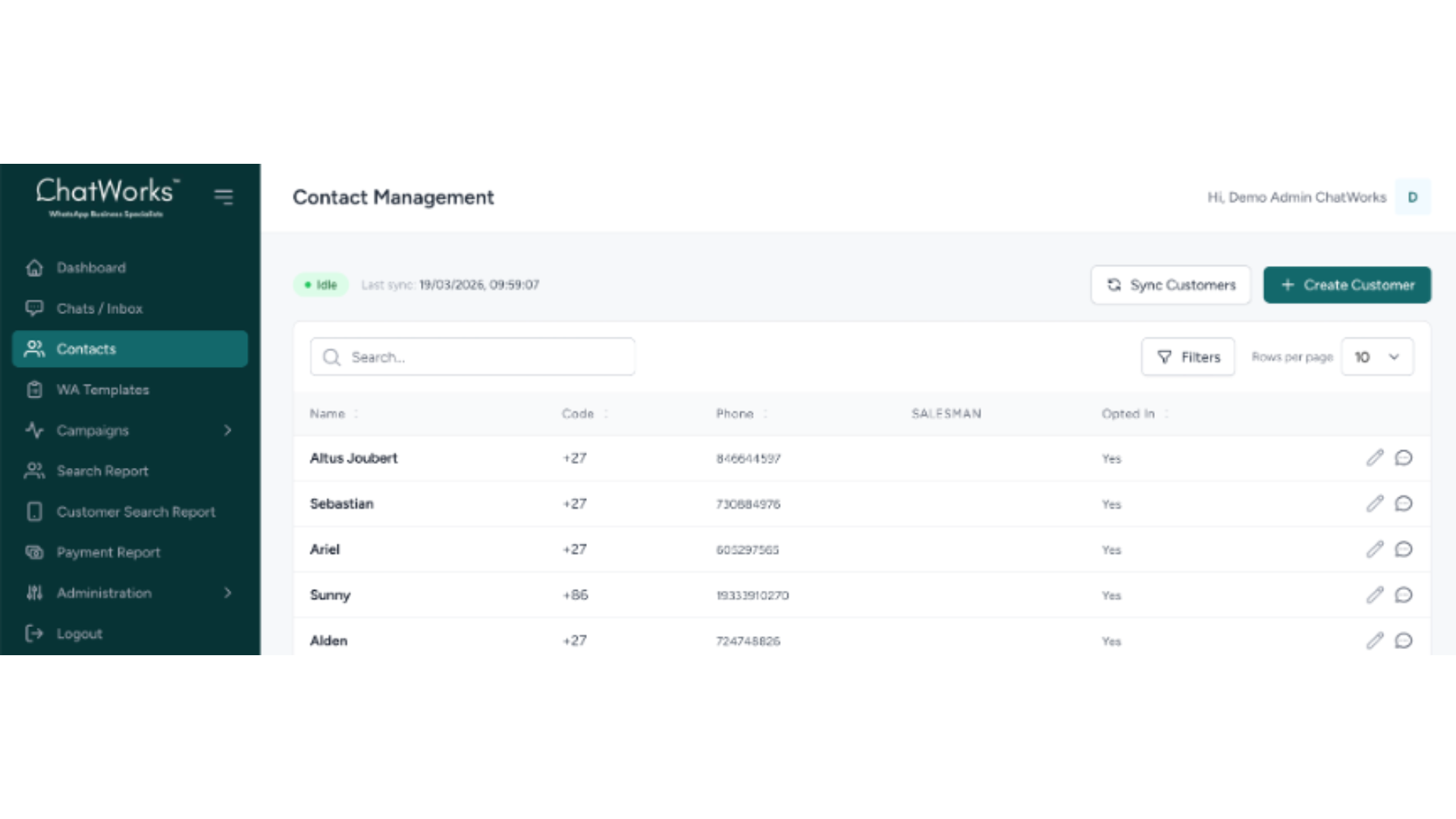 ChatWorks Contact Management showing structured list with name, phone, salesman, and opted-in status columns for efficient customer management