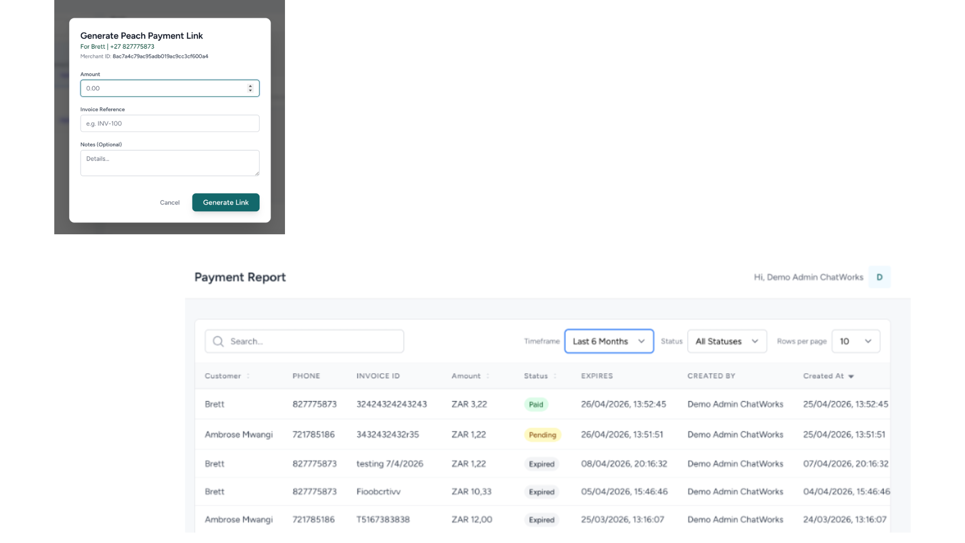 ChatWorks Peach Payments integration showing Generate Payment Link popup and Payment Report with paid, pending, and expired payment statuses